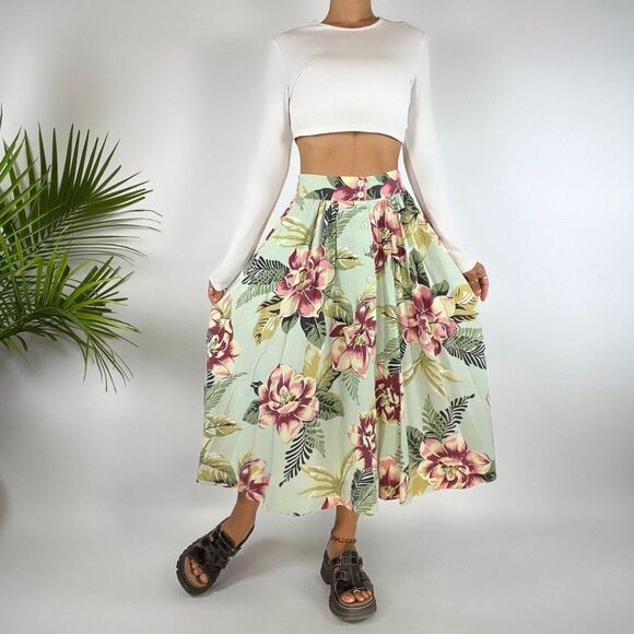 Vintage Y2K Cottage Floral Hawaiian High Waisted Midi Skirt / Size: Small - Picture 1 of 5